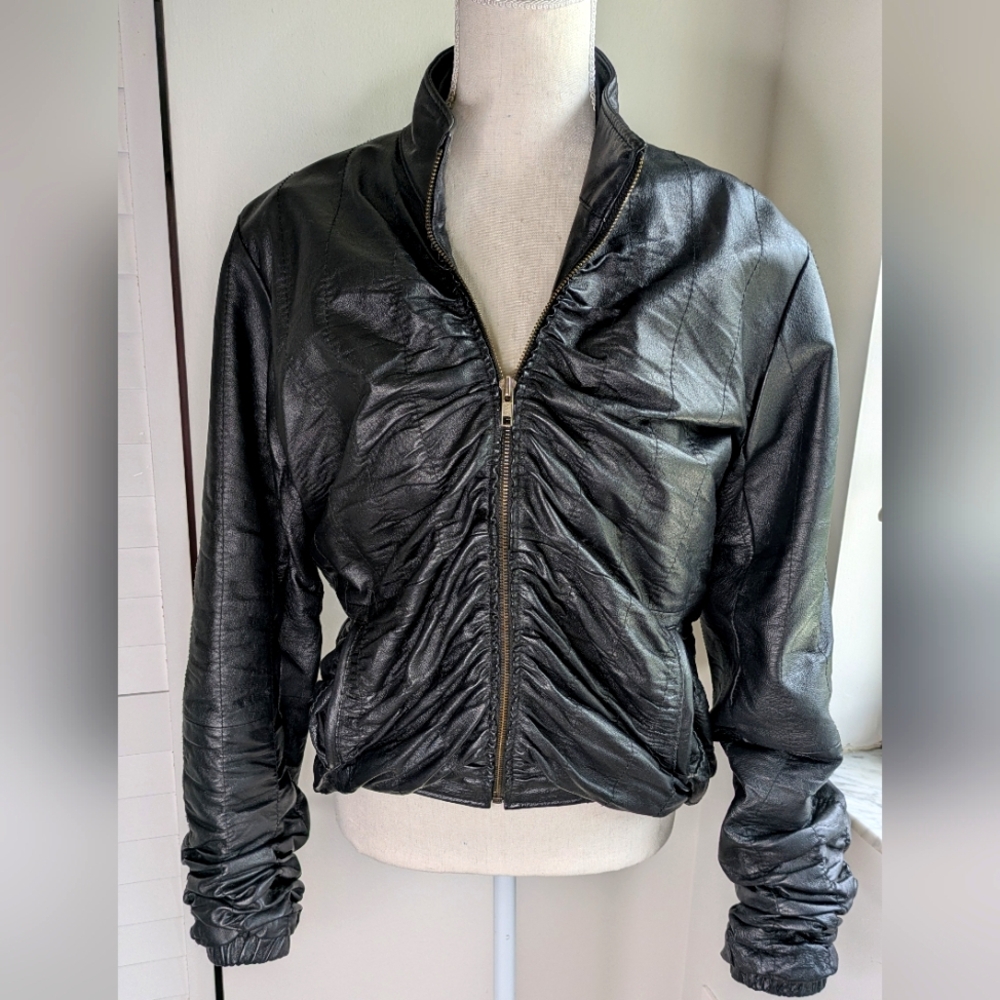 Vintage Marcia Collection Black Scrunched Leather Jacket Size Medium Italy Skin